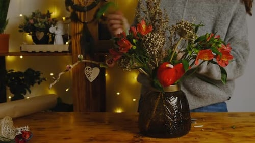 Florist Makes Flower Arrangement for Valentine's Day
