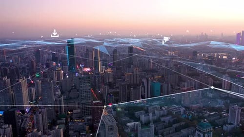 smart Connected city skyline. Futuristic network concept, city Technology.