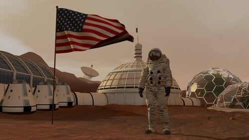 Astronaut Saluting American Flag on Futuristic Mars Colony