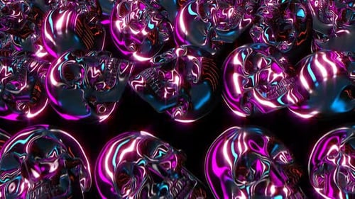 Futuristic Neon Metallic Skulls Loop Background