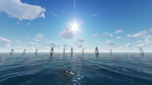 Sunny Ocean with Sailboats and Blue Sky