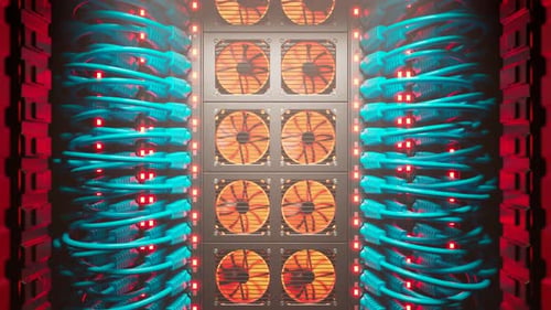 Countless blue cables in a server cabinet lit by a single spotlight. 4KHD