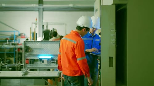 two asian coworker brainstorm explaining and solves the process of the cnc operate machine