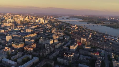 Aerial Video of a Beautiful Peaceful Evening City on the River