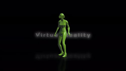 Abstract Green Figure with VR Headset in Futuristic Virtual Reality Space