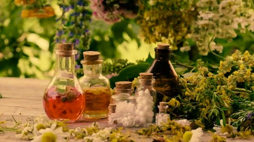 Vintage Bottles with Herbal Medicine and Remedies