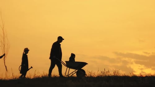 Family Planting Tree at Sunset Silhouette