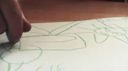 Ein Kind zeichnet ein Tier mit einem grünen Buntstift, während die Kamera nach links verfolgt.