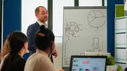 Man Leads Business Presentation in Modern Office