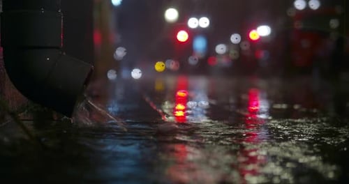 Rainwater Flowing From Drainpipe in City at Night