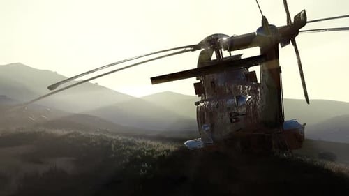 Vieil hélicoptère militaire rouillé dans le désert au coucher du soleil