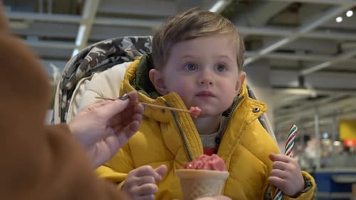 Mom feeds a little boy in a stroller with ice cream in a cafe
