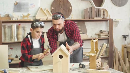 Père et son fils travaillent ensemble dans un atelier en bois, construisant un nichoir