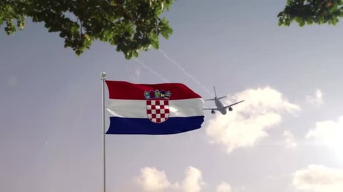 Airplane Flying Over Waving Croatian Flag and Modern City