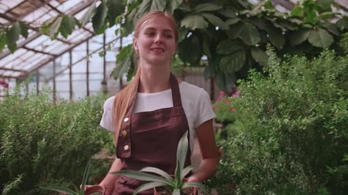 Woman Holding Potted Plants in Tropical Greenhouse