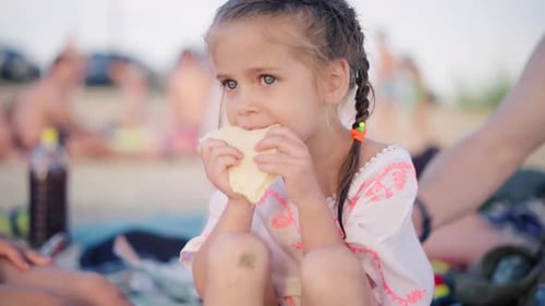Hungry Little Girl Eat Sandwich Sitting Beach Summer Day