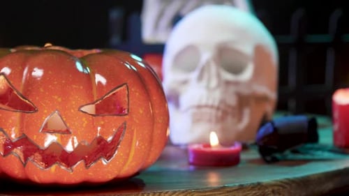 Close Up of Jackolantern Halloween Decoration on a Table