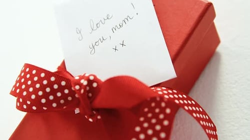 Red Gift Box for Mom With Ribbon and Card
