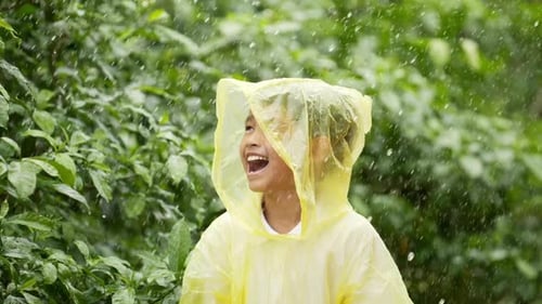 Happy Child in Yellow Raincoat Enjoys Tropical Rain