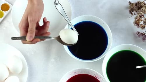 A Man Paints Easter Eggs in White Plates in Multicolored Colors Minimalist