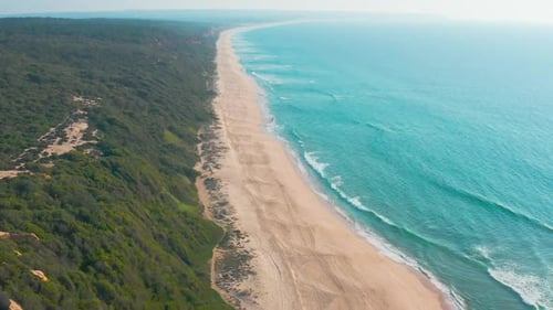 Flight Over the Sandy Beach and Waves