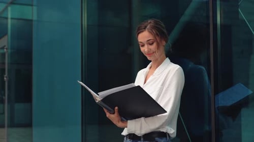 Businesswoman Successful Woman Business Person Standing Outdoor Corporate Building Exterior. Pensiv