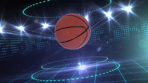 Animation eines Basketballs, der sich vor einem Stadion der Sportarena dreht, beleuchtet von Scheinwerferreihen auf dem