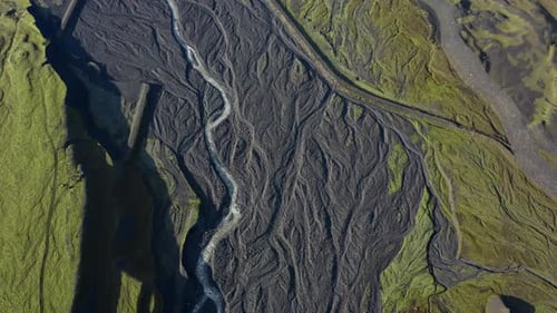 Drone Over Patchwork Landscape With Dry Riverbed Of Braided River