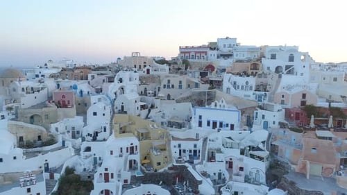 Aerial View Flying Over City of Oia on Santorini Greece