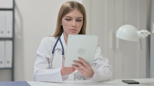Female Doctor Uses Tablet in Clinical Workplace