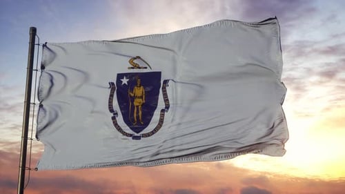 Massachusetts State Flag Waving Against Sunset Sky
