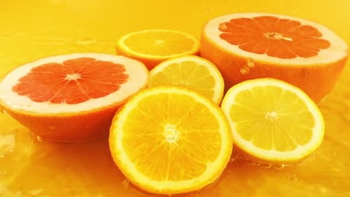Colorful Citrus Fruit Slices with Refreshing Water Splashes