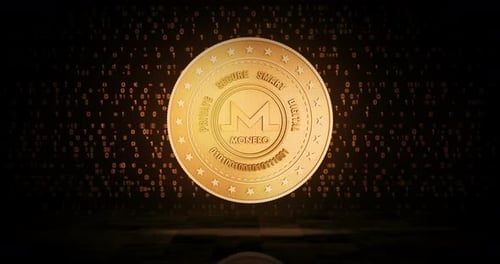Bucle de moneda dorada de la criptomoneda Monero XMR sobre fondo digital
