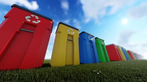 Colorful Recycling Bins Environmental Camera Pan on Green Grass