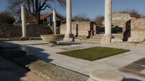 GAMZIGRAD, SERBIA - DECEMBER 25, 2017 Columns and fountain inside imperial palace complex of Felix