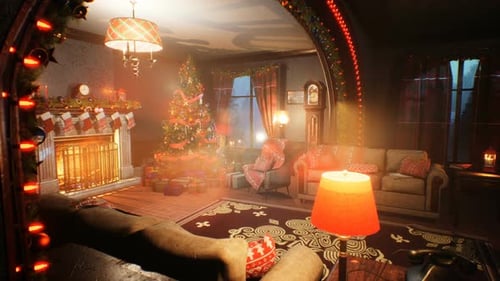 Cozy Christmas Living Room with Festive Lights and Fireplace