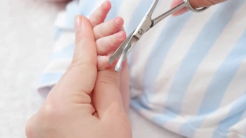 Adult Trims Newborn Baby's Fingernails with Scissors