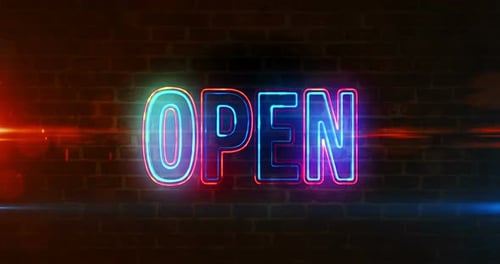 Animated Neon OPEN Sign on a Brick Wall Background