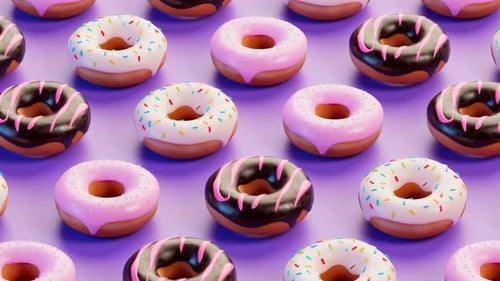 Animation en boucle fluide de beignets à sauter. Beignets colorés décorés de différentes
manières