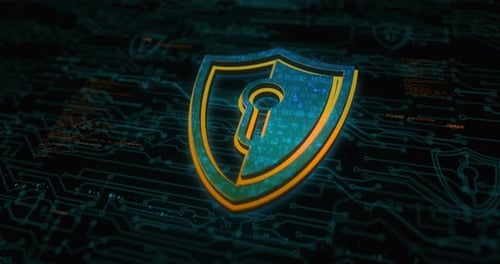 Futuristic Cyber Security Shield on Animated Circuit Board Background
