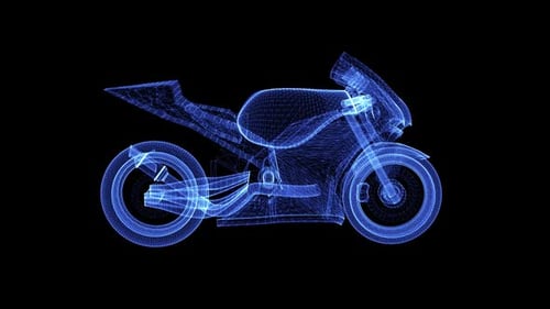Rotating 3D Blue Hologram Motorcycle Wireframe