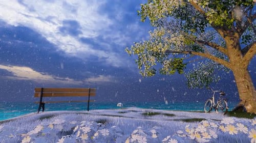 Peaceful Winter Landscape with Snow Falling by the Ocean and Park Bench