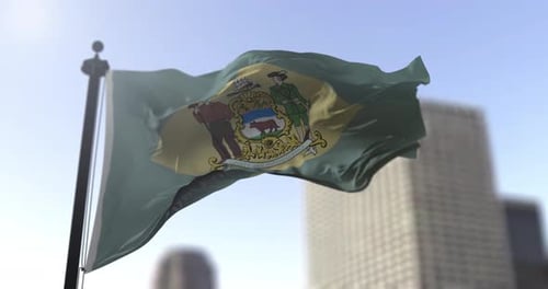 Realistic Waving Delaware State Flag with City Background