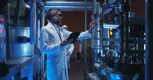 Scientists Inspect Equipment With Tablet Inside Factory