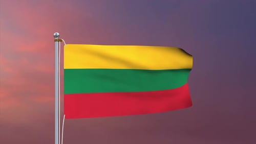 Realistic Lithuanian Flag Waving with Sunset Sky Background