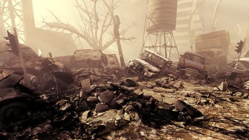 Desolate Post-Apocalyptic City Ruins with Wrecked Cars