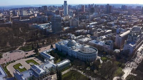 The Verkhovna Rada of Ukraine. Main Parliament Building of Ukraine in Kiev. Aerial Footage
