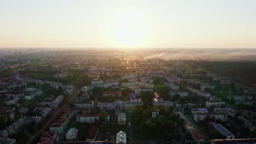 Aerial View Sunrise or Sunset in Big City Morning or Evening Cityscape