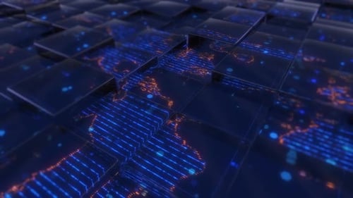 Futuristic Digital Grid Tiles with Glowing Data