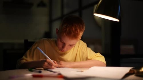 Boy Writes Homework Under Lamp at Desk